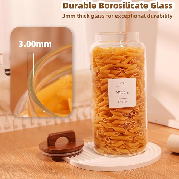 2 Pack Large Glass Flour and Sugar Containers with 132 Pantry Labels - 105 FL OZ Glass Canisters with Bamboo Airtight Lids - Farmhouse Kitchen Glass Pantry Jars for Cookie, Rice, Pasta, Cereal, Salt