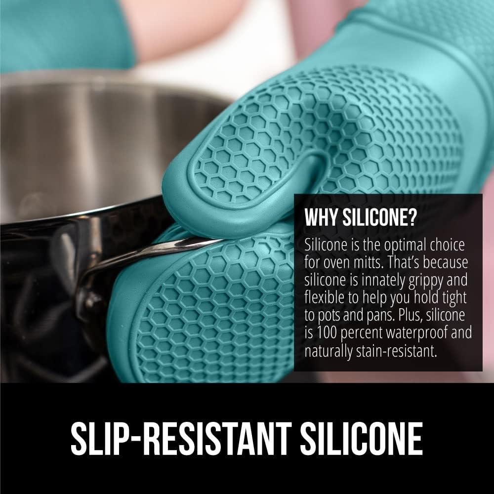 GORILLA GRIP BPA-Free Soft Silicone Oven Mitts, Heat Resistant and Waterproof Cooking Gloves, Thick Cotton Lining, Flexible Gripping for Baking Grilling, Kitchen Potholders Set, 12.5x8.3, Turquoise