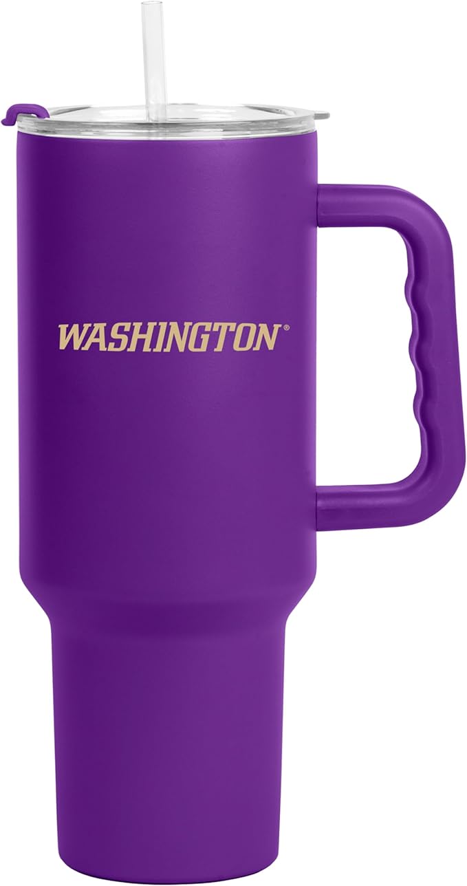 Logo Brands NCAA 40 oz Tumbler with Handle -Stainless Steel Insulated Travel Tumbler with Straw Lid – Powder Coated, Leak-Resistant, Keeps Drinks Hot/Cold – Great for Tailgating, or Everyday Use