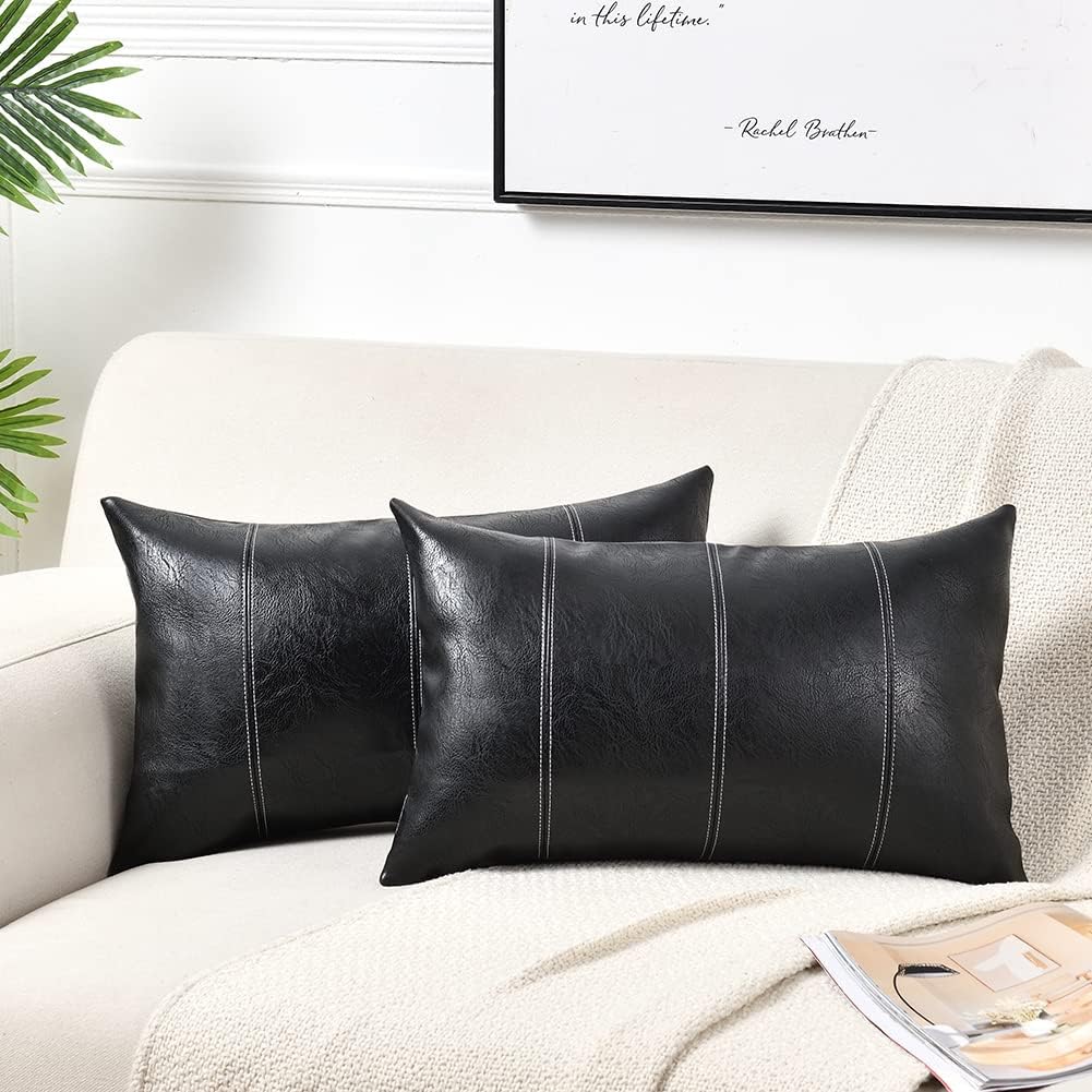 Fancy Homi Black Long Lumbar Faux Leather Decorative Throw Pillow Covers 12x24 Inch for Living Room Couch Bed Sofa, Boho Farmhouse Home Decor, Hand Stitched Rectangle Cushion Case 30x60 cm