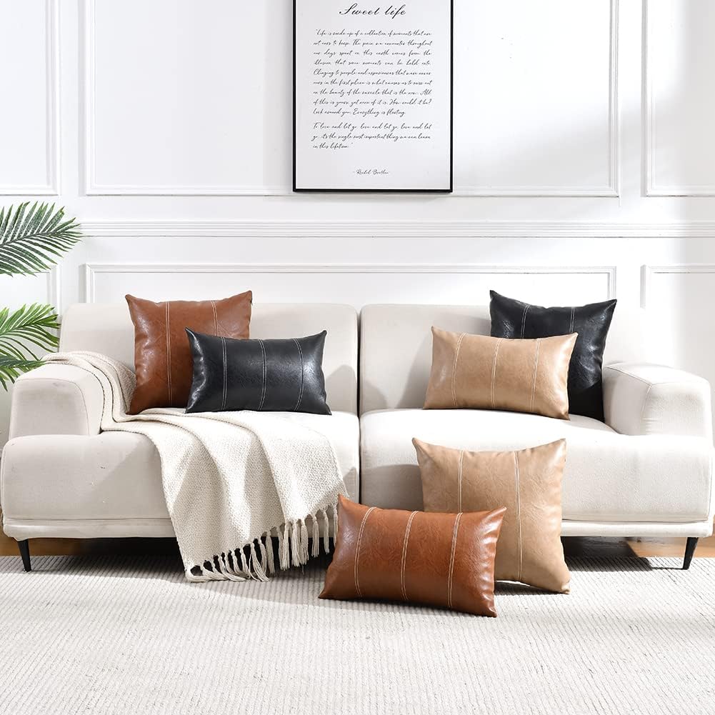 Fancy Homi Tan Decorative Throw Pillow Covers 18x18 Inch for Outdoor Couch Bed, Waterproof Faux Leather Hand Stitched Beige Square Cushion Case 45x45 cm, Modern Farmhouse Boho Home Decor