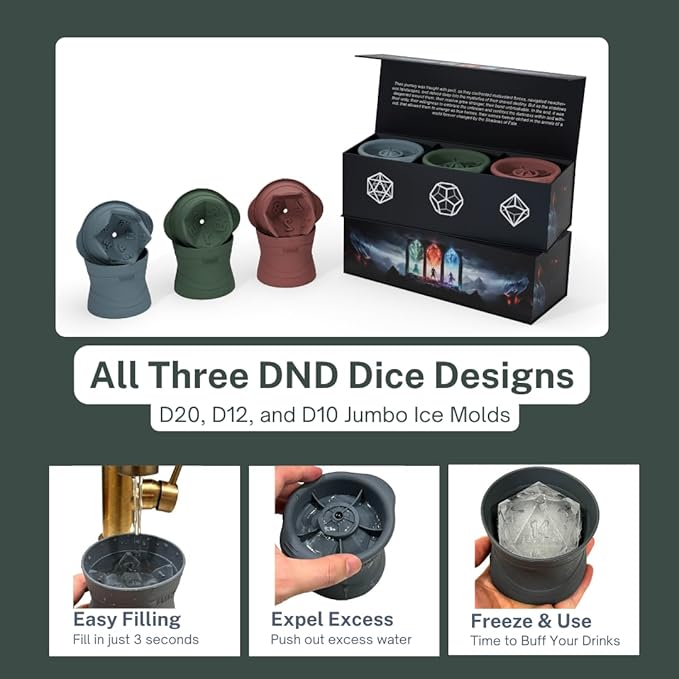 FREEZE FORMS DND Dice Large Ice Cube Mold Set | Big D20 Dice, D12 & D10 Silicone Ice Molds for TTRPG Gamers | 3" DND Dice Mold Clear Ice Cube Maker for Freezer | Oven Safe Ice Silicone Molds with Lids