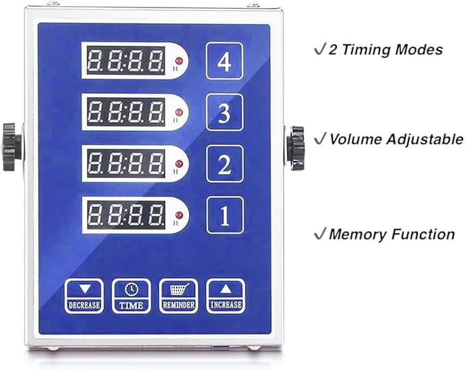 Commercial Kitchen Timer with 4 Channels, Digital Timer for Cooking, Loud Alarm Volume +/-, Food Truck Restaurant Supplies, Heavy Duty Stainless Steel Large Timers, Waterproof Panel & Memory Function
