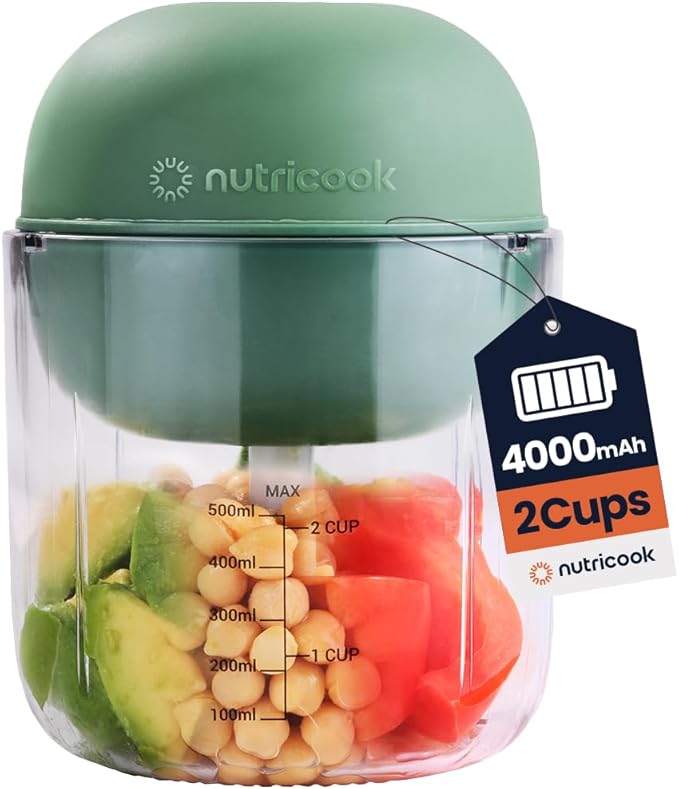 Nutricook Choppi Cordless Electric Vegetable Chopper & Mini Food Processor for Dicing, Shredding, Mincing, and Puree, Portable and Rechargeable, 2-Cup, 500 mL, 4000 mAh Battery, Sage Green