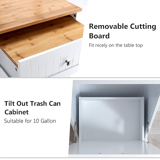 Gitua Tilt Out Trash Cabinet, Freestanding Wooden Kitchen Trash Recycling Cabinet with Drawer & Removable Cutting Board, Dog Proof Trash Can Cabinet, White
