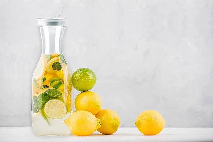 DecorRack 6 Large Water Carafes, Bottles with Flip Top Lid, 50 Oz Each, BPA Free- Plastic Juice Pitcher, Decanter, Jug, Serve Fridge Cold Iced Tea, for Outdoors, Picnic, Parties, NOT DISHWASHER SAFE