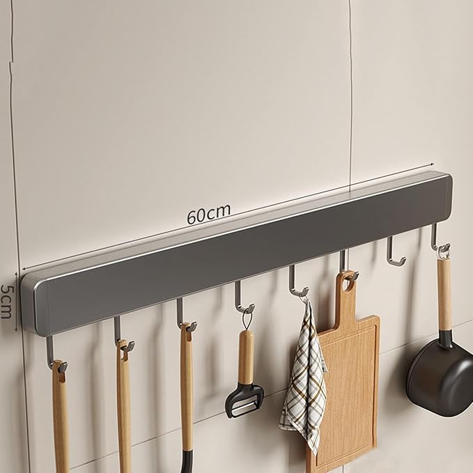 Generic Kitchen Utensil Hanger Wall Mounted Hooks, No Drilling Removable and Adjustable Hooks Kitchen Rail with 8 Hooks for Hanging Cooking Utensils, Mugs, Spoons (8 Hooks), Black