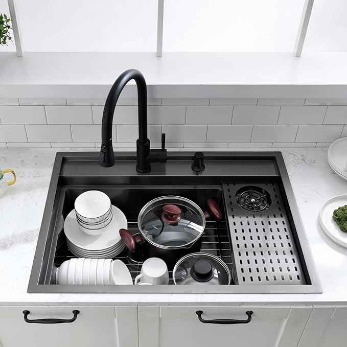 30 Inch Black Drop In Kitchen Sink Workstation with Glass Rinser -VOKIM 30x22 Drop In sink Workstation Stainless Steel 16 Gauge Deep Single Bowl Kitchen Sink