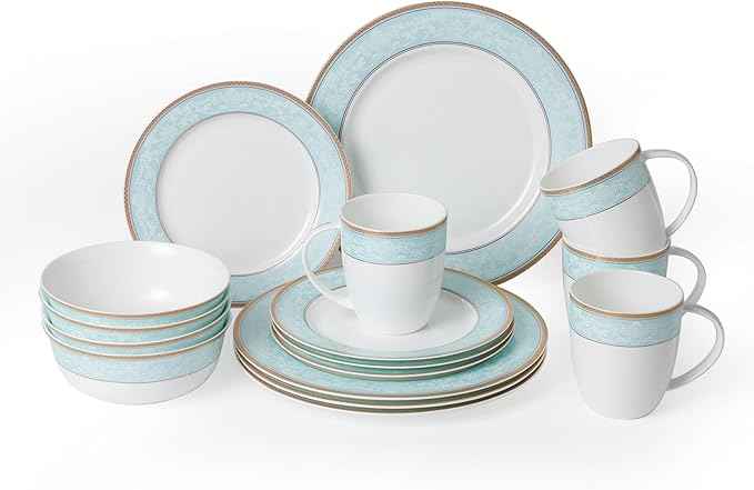 Fine Bone China Dinnerware Set,16 Pcs Classic Relief Pattern Gilt Edged High Grade Porcelain Tableware Sets For 4 People with Gift Box Packaging