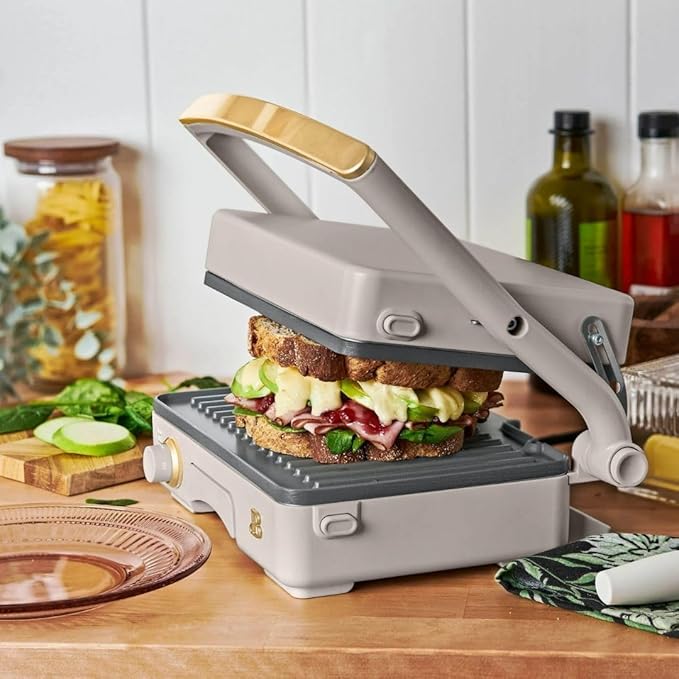 Panini Press Indoor Grill 1 2-in-1200W Non-Stick Removable Plates Sandwich Maker by Drew Barrymoree. (Porcini Taupe)