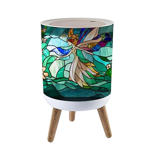 Trash Can with Lid Vibrant Fairy Blossoms Stained Glass Tableaux Press Top Round Small Garbage Bin with Wooden Legs Waste Basket for Kitchen Bedroom Nursery 7L/1.8 Gallon