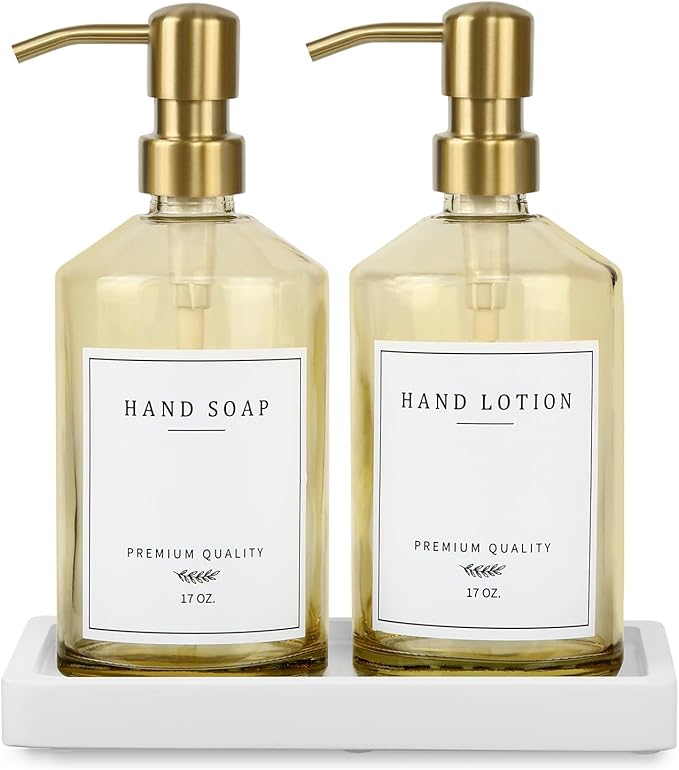 Dish Soap Dispenser for Kitchen, Glass Kitchen Soap Dispenser Set with Stainless Steel Pump, Modern Farmhouse Bathroom Decor & Accessories (Yellow Bottle/Gold Pump)