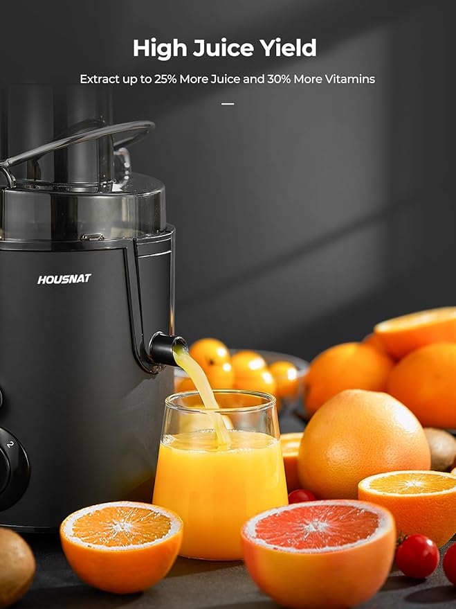 Juicer Machines, HOUSNAT Juicer Whole Fruit and Vegetables with 3-Speed Setting, Upgraded Version 400 W Motor Quick Juicing, Cleaning Brush and Juicing Recipe Included, Black