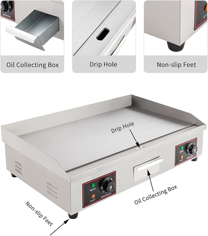 30-Inch Electric Grill Commercial Electric Grill Nonstick Electric Grill Plate Teppanyaki Flat Top Grill Stainless Steel Adjustable Temperature Control 122°F-572°F 3000 W