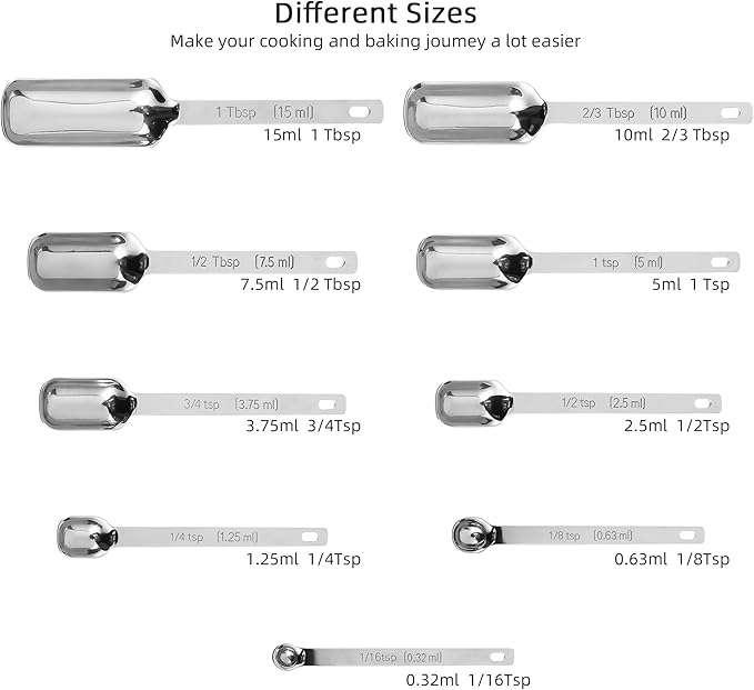 18/8 Stainless Steel Measuring Spoons Set 10, Metric & US Long Handle Measure Spoon for Kitchen & Baking, Metal Measuring Spoons Set with 1/16Tsp & 2/3Tbsp for Spice Jar