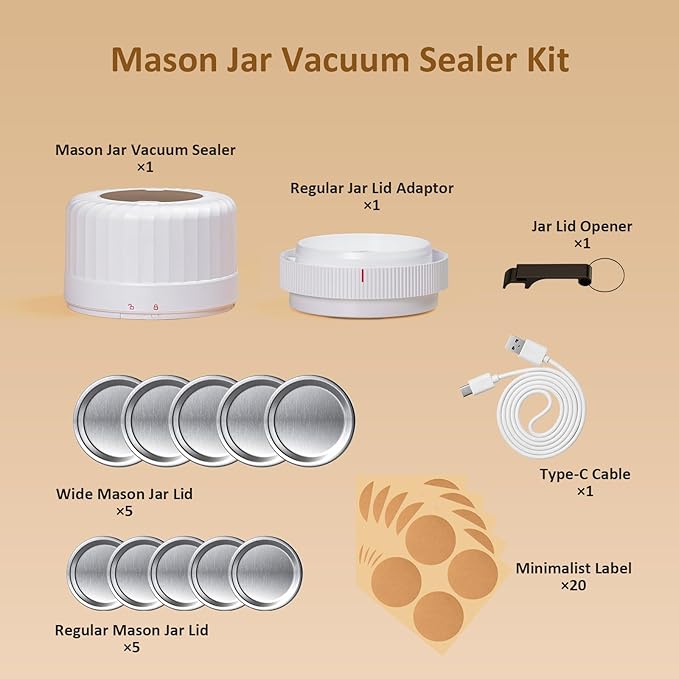 HTPOW Electric Mason Jar Vacuum Sealer - Fully Automatic Mason Jar Vacuum Sealer Kit for All Mason Jars with Regular Lids and Wide Mouth Lids, A Must-Have Tool for Canned Foods/Pantry - White