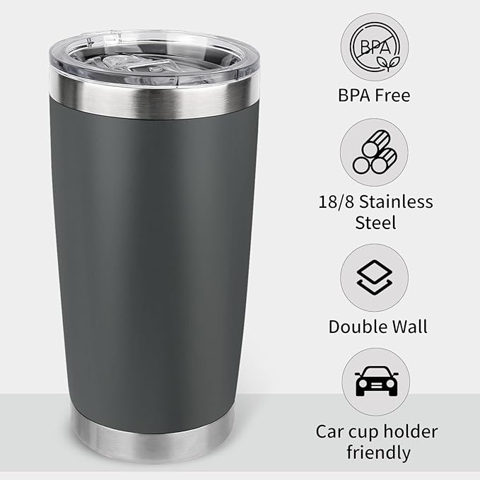 20oz Stainless Steel Tumbler Bulk with Lid, Travel Mug - Double Wall Vacuum Powder Coated Cup - Grey, 6 Pack
