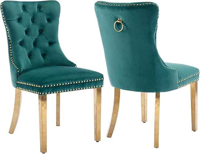 Velvet Dining Chairs Set of 2, Upholstered Dining Room Chairs with Back Ring Pull Trim and Golden Stainless Steel Legs,Tufted Wingback Chair Perfect for Dining Room,Living Room,Kitchen(Green)