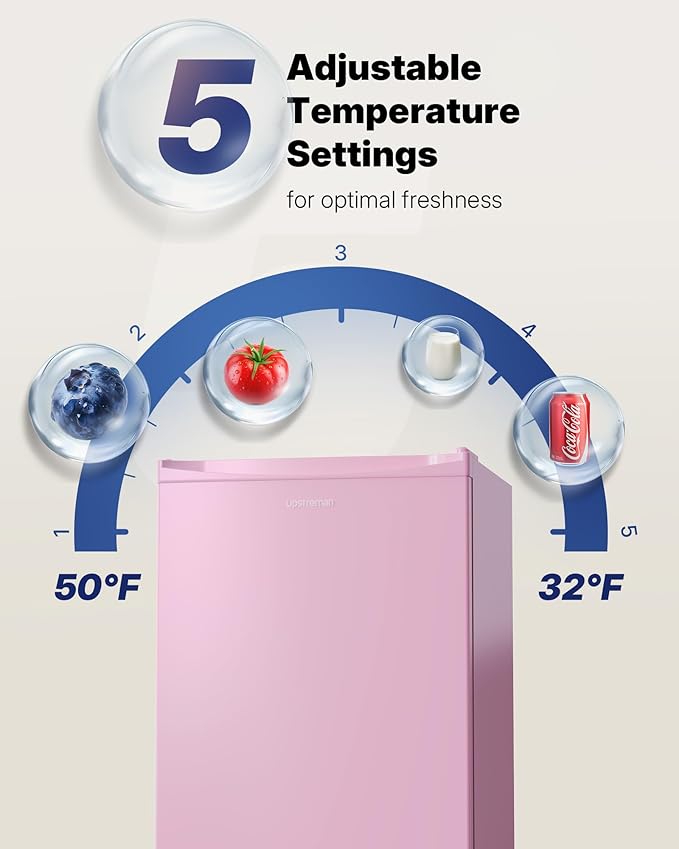Upstreman 3.2 Cu.Ft Mini Fridge with Freezer, Single Door Compact Refrigerator, Adjustable Thermostat, Small Refrigerator for Dorm, Bedroom, Office, Pink-BR321