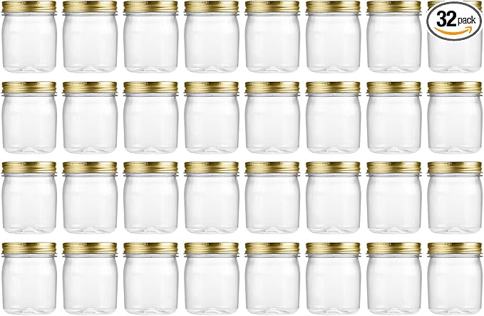 novelinks 8 oz Clear Plastic Jars with Airtight Lids, 32 Pack Plastic Mason Jars with Lids 8oz, Refillable Storage Slime Containers & Small Spice Jar for Kitchen Organization (32 Pack,Gold)