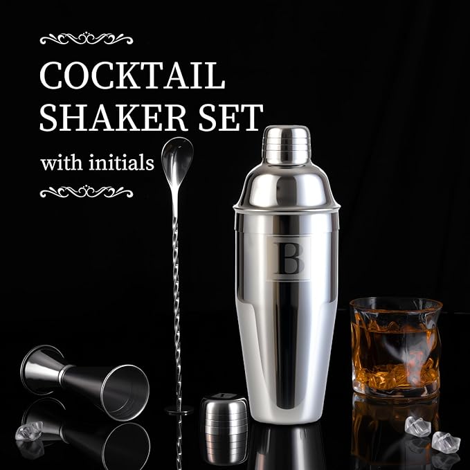 24oz Cocktail Shaker Set with 1 oz 2oz Jigger - Monogramm Initials Martini Shaker Set - 304 Stainless Steel Bar Shaker for Margarita,Mojito-Personalized Gift for Friend,Husband-A