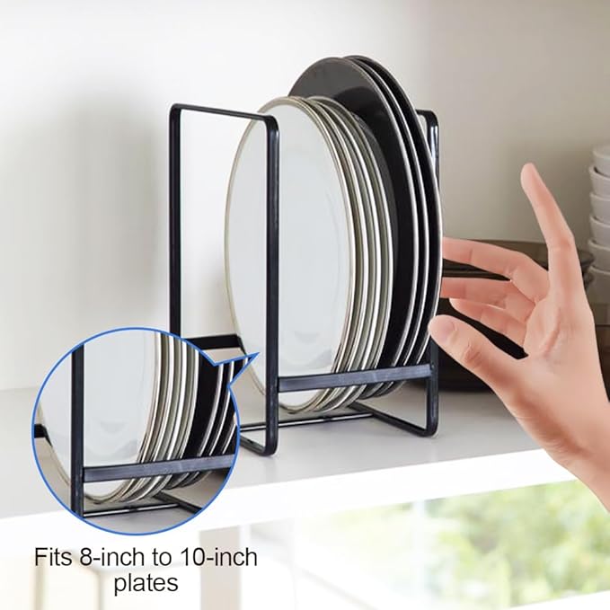 4 Pack Kitchen Plate Holder Organizer for Cabinet Space Saver, Kitchen Dish Storage Drying Racks, Metal Upright Dish Stand for Counter Cupboard (Black)