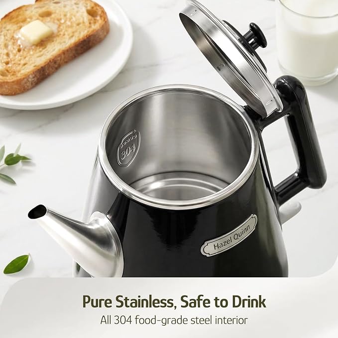 Hazel Quinn Electric Kettle - 1L/34oz Small Tea Kettle, 800W Fast Boil, All 304 Stainless Steel Interior, Double Wall for Cool Touch and Thermal, Auto Shut-Off, BPA-Free, Cordless - Jet Black