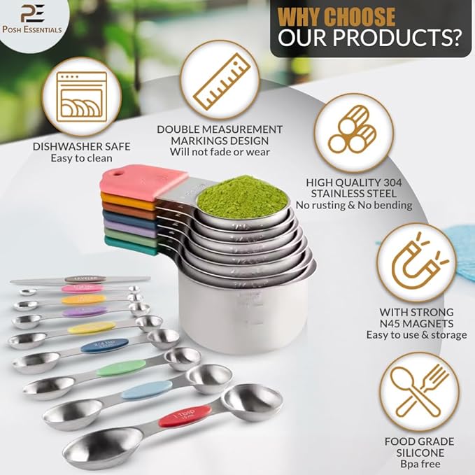 15 PCS Magnetic Measuring Spoons & Cups Set - 18/8 Food Grade Stainless Steel, Double Sided, Dishwasher Safe - Easy Read & Stackable for Effortless Storage