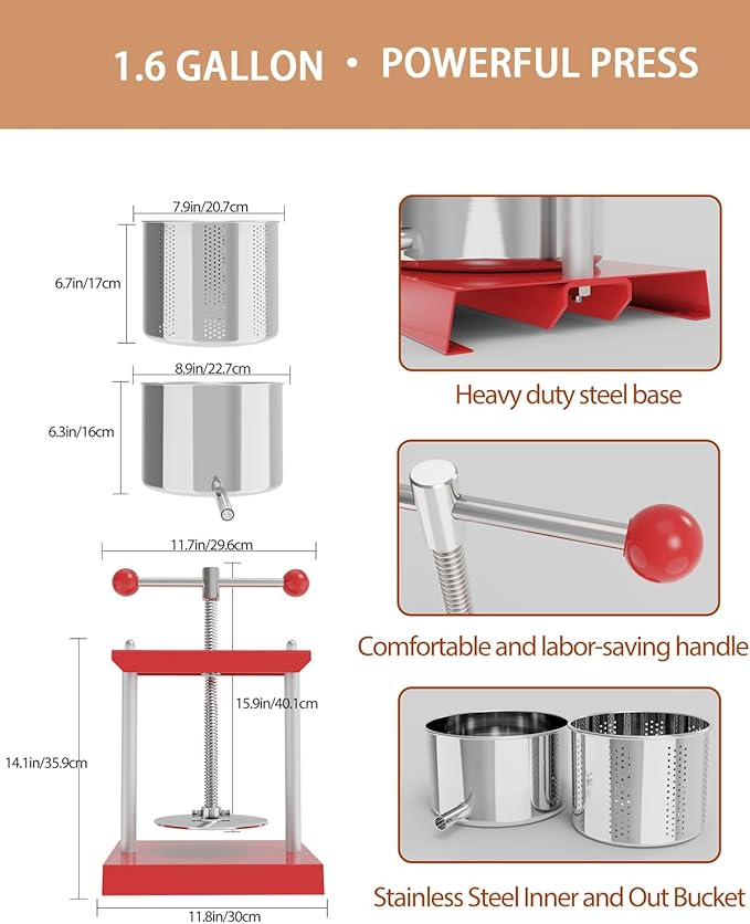 EJWOX 1.6 Gallon Manual Press - Professional Stainless Steel Fruit & Vegetable Squeezer with Filter Bag - Large 6L Capacity for Honey, Cheese, & Plant Infusions - Heavy Duty Top-Handle Juice Extractor