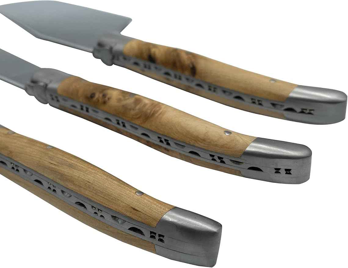 Laguiole en Aubrac Luxury Fully Forged 3-Piece Cheese Knife Set With Juniper Wood Handles