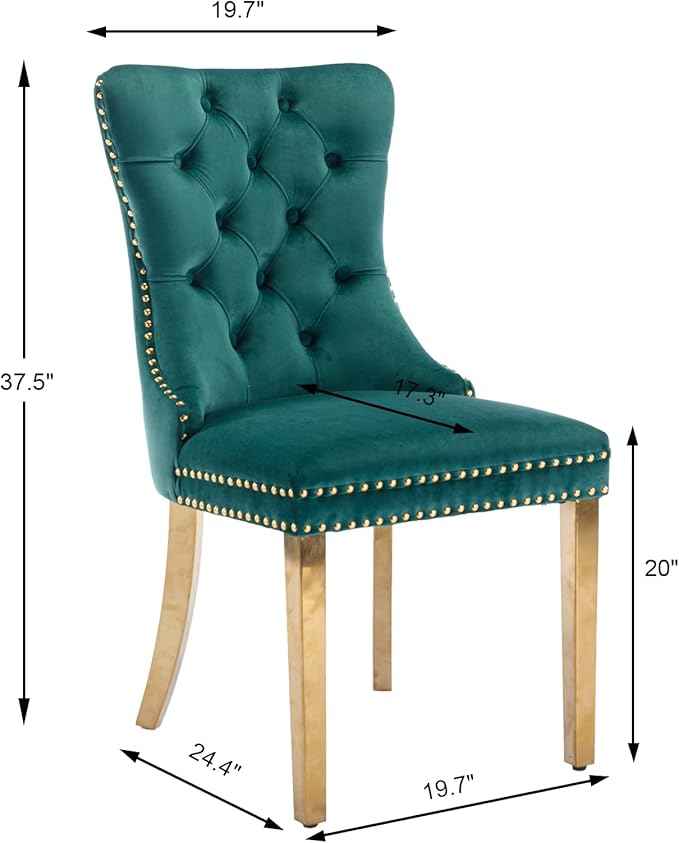 Velvet Dining Chairs Set of 2, Upholstered Dining Room Chairs with Back Ring Pull Trim and Golden Stainless Steel Legs,Tufted Wingback Chair Perfect for Dining Room,Living Room,Kitchen(Green)