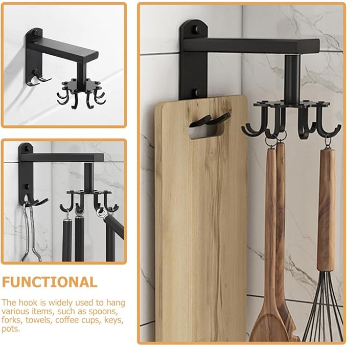 Zerodeko Rotatable 8-Claw Kitchen Utensil Hooks, Thickened Black Space Aluminum Wall Hooks for Hanging, 360° Swivel Multifunctional Hanging Organizer for Home Kitchen Storage