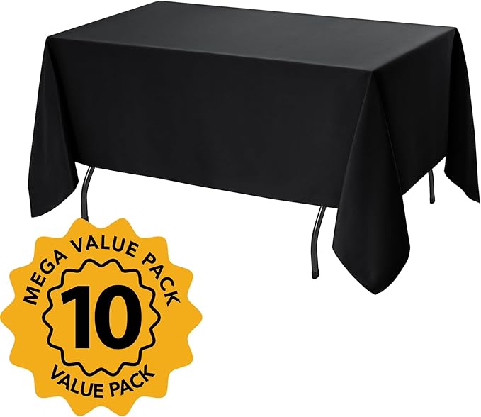 10-Pack Black Tablecloths for Rectangle Tables, 60 x 120 Inches, Stain-Resistant Polyester Fabric for 6 Foot Tables - Washable Table Covers for Weddings, Banquets, Birthday Parties, Events