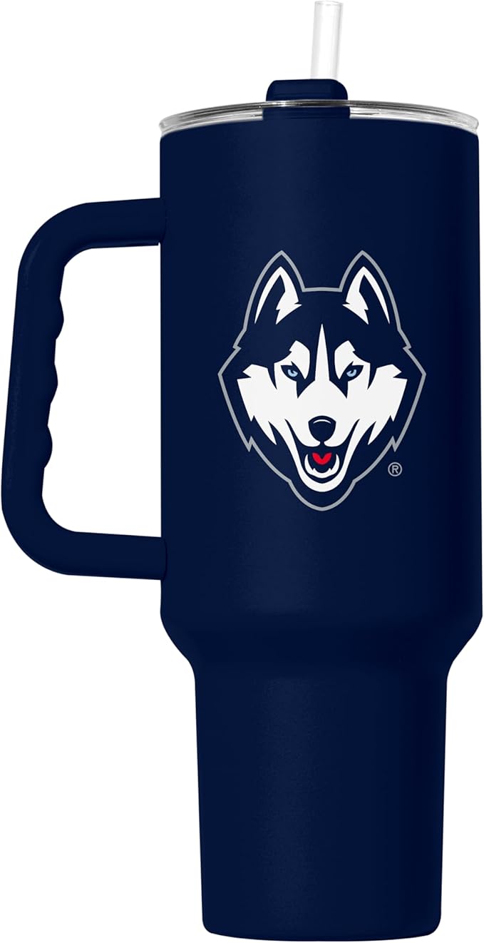 Logo Brands NCAA 40 oz Tumbler with Handle -Stainless Steel Insulated Travel Tumbler with Straw Lid – Powder Coated, Leak-Resistant, Keeps Drinks Hot/Cold – Great for Tailgating, or Everyday Use