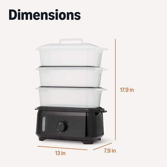 Amazon Basics Electric Food Steamer for Cooking Vegetables, 3-Tier Design, 60-Minute Timer with Auto Shutoff, Easy Water Refill System, BPA-Free, 9.5 QT, Black