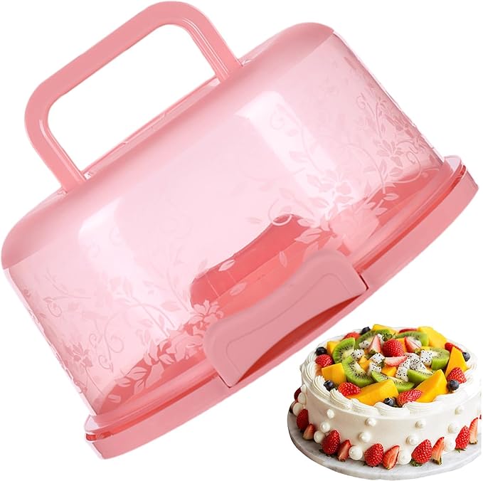 Generic Pink Modern Vibrant Cake Carrier with Handle - Rectangular with Domed Lid, 10.24 x 8.66 x 4.92 inches, 1350cc, BPA Free, Food Grade, Reusable, Dishwasher Safe