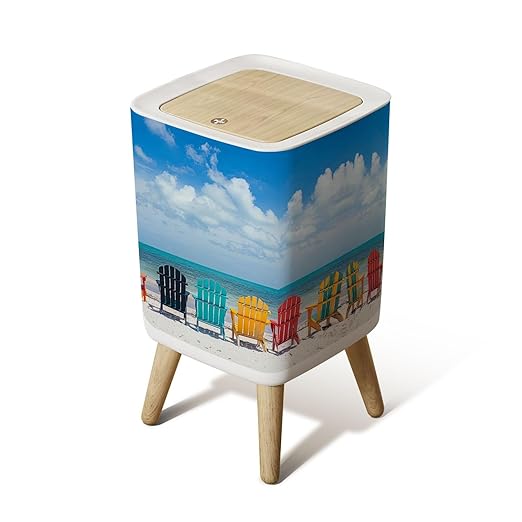 Small Trash Can with Lid Beautiful Color Chairs Beach Wastebasket with Press Cover Dog Proof Garbage Can Waste Bin for Kitchen Bathroom Nursery 2.6 Gallon