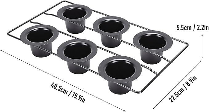 6 Cup Popover Pan, Premium Carbon Steel Easy To Clean Non Stick Cupcake Pan Round 8.9X15.9X2.2Inch Popover Cake with Wire Rack for Pudding, Muffins, Popovers