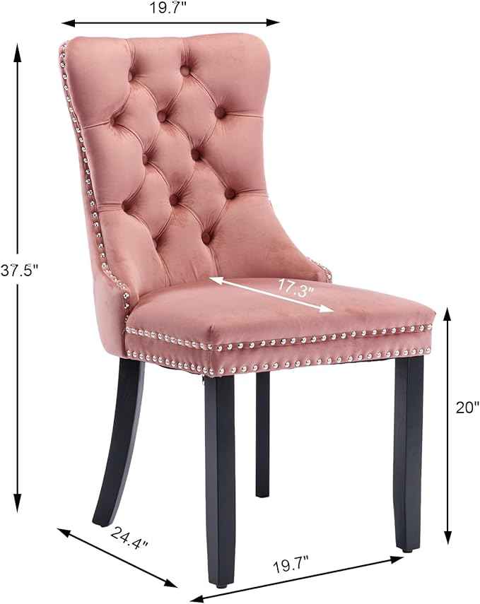 Pink Velvet Dining Chairs Set of 6, Upholstered Dining Room Chairs with Back Ring Pull Trim and Solid Wood Legs, Tufted Wingback Kitchen Chairs for Dining Room,Living Room,Kitchen(Pink)