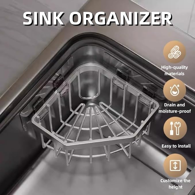 Wall Mounted Sink Caddy Organizer, Carbon Steel Kitchen Sponge Holder with 2 Adhesive Hooks, Triangular Drain Rack, 5.27x5.27x3.54 Inch (Grey)