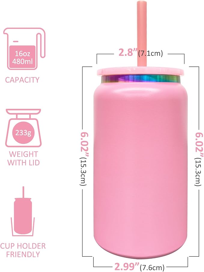 Glass Cups with Lids and Straws, 16 oz Stainless Steel Cups, Insulated Skinny Tumbler, Powder Coated Travel Mugs for Laser Engrave, Iced Coffee Cup for Smoothie Water DIY Gift (Pink,1 pack)
