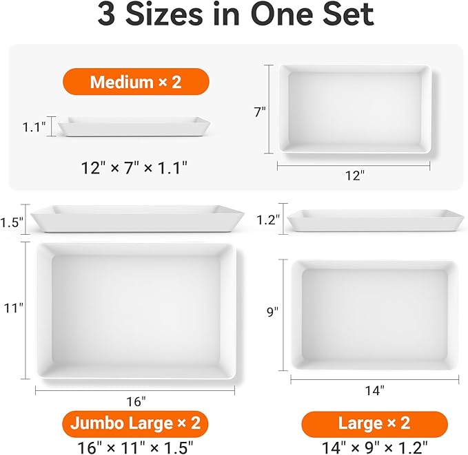 6-Pack Serving Tray for Parties, Serving Platter in 3 Sizes for Entertaining, Food Display, Plastic Trays for Cookies, Stackable Rectangular Platters for Family(White)