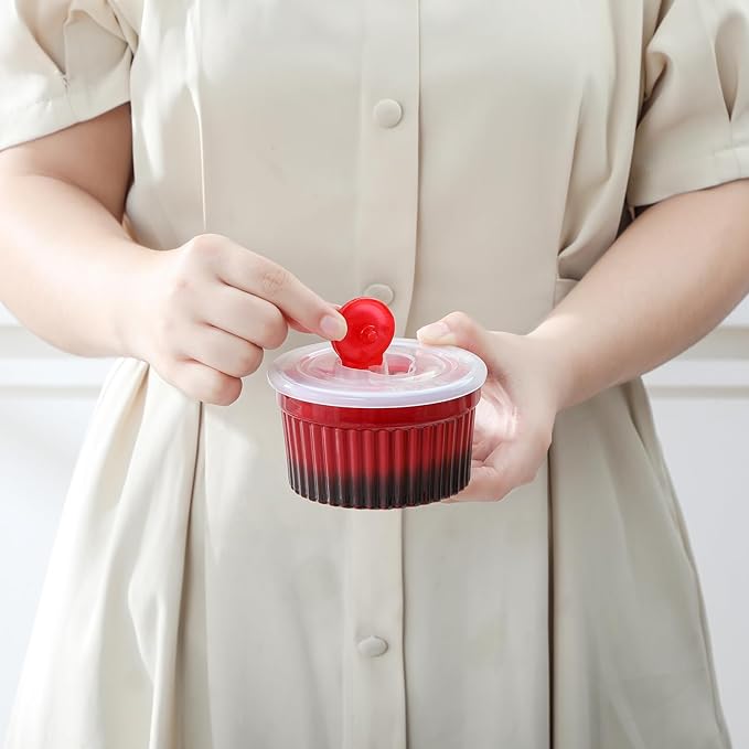 vancasso 6 oz Ramekins with Lid, Porcelain Creme Brulee Souffle Dishes, Red Pudding Custard Cups Ramiken for Baking, Dishwasher and Oven Safe, Set of 6
