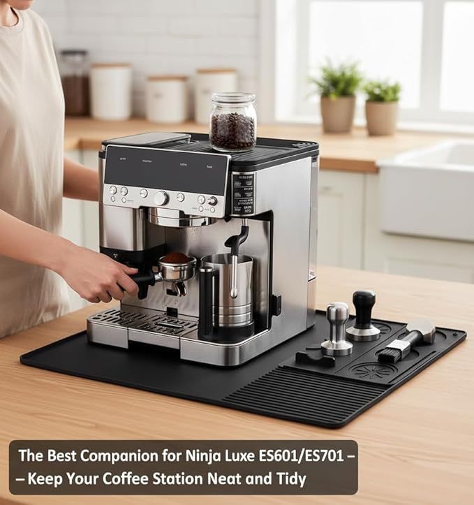 Silicone Coffee Maker Mat for Ninja Luxe ES601 & ES701: 3-in-1 Top Mat + 24"x16" Coffee Bar Mat + Espresso Tamping Mat – Food-Grade Silicone, Waterproof, Non-Slip, Heat-Resistant Coffee Accessories