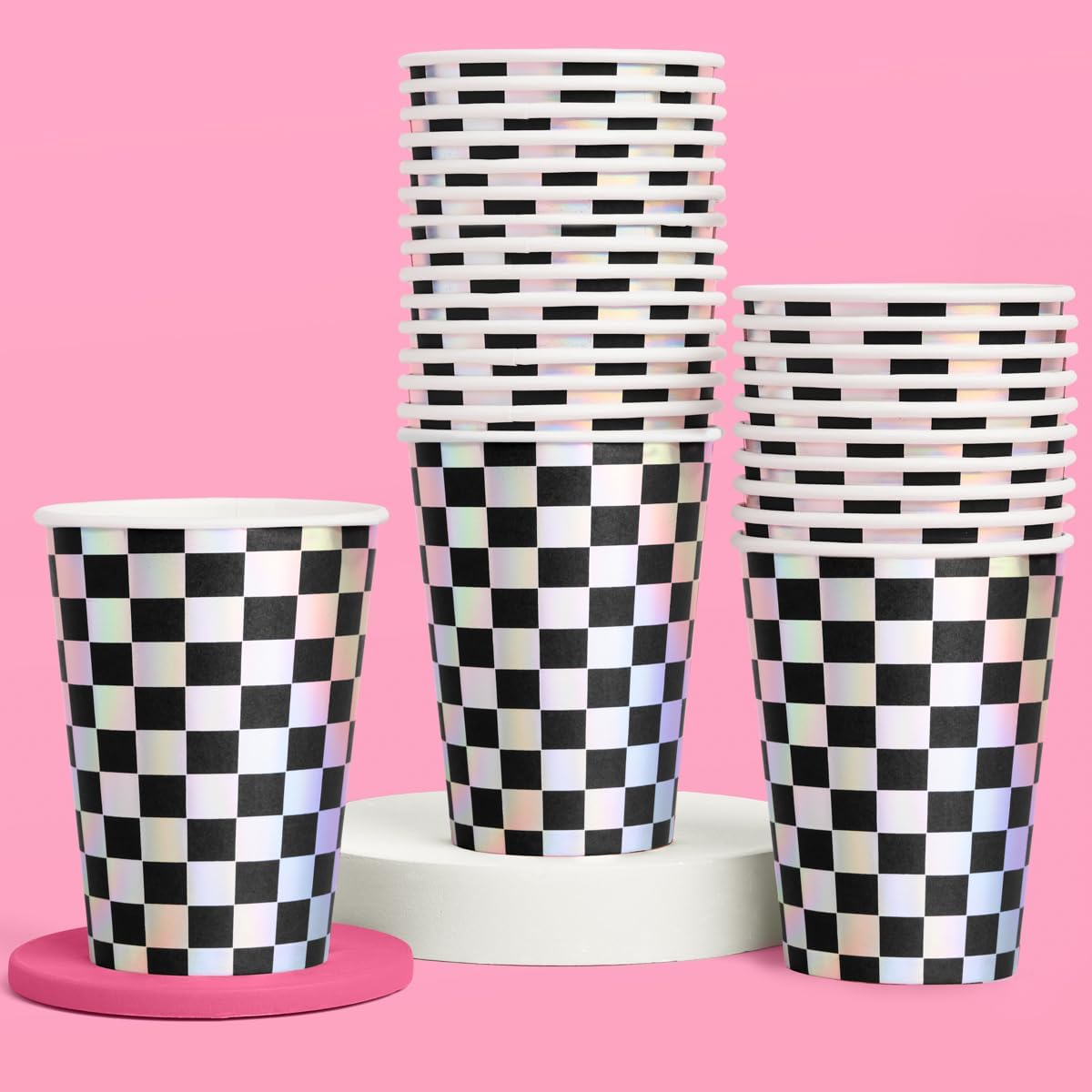 xo, Fetti Party Decorations Checkered Black + Iridescent Paper Cups - 50 Disposable 14 oz Cups | Bachelorette Party Cups, Birthday Party Supplies, Racecar Kids Drinkware Favors, Disco Rave Decor