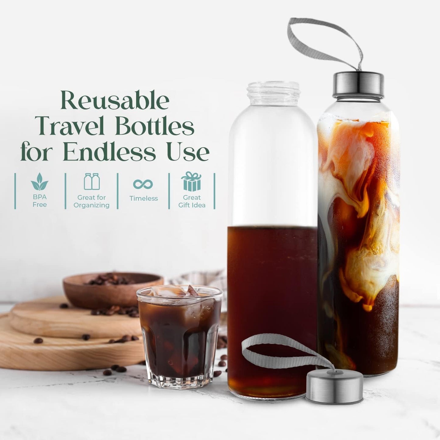 18oz Glass Water Bottles – Pack of 12 Nylon Protective Sleeves, Airtight Screw Top Lids, Portable Carrying Loops - Lead, PVC and BPA Free - Water, Milk, Smoothie, Juice Beverage Glasses