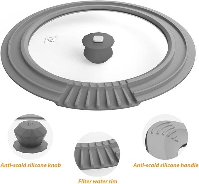 Tempered Strainer Lid for Stockpot, Pasta, Soup Pots with Heat Resistant Silicone Rim - Universal Pan Lid with Pour Spout - Microwave Safe - Fit 6.5-8 inch - Light Grey