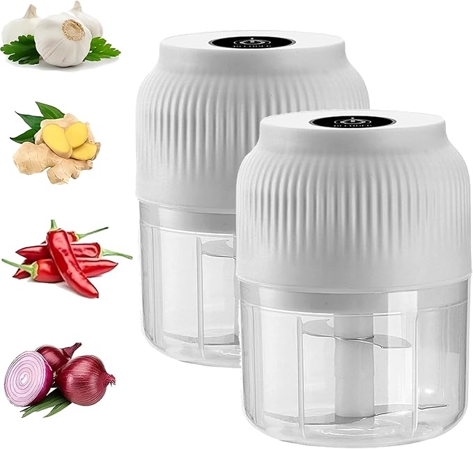 Electric Garlic Chopper,Mini Portable Veggie Cutter,Upgrade Electric Mini Garlic Chopper Set,Vegetable Chopper and Spiralizer with Container and Lid,USB Rechargeable (White*2)