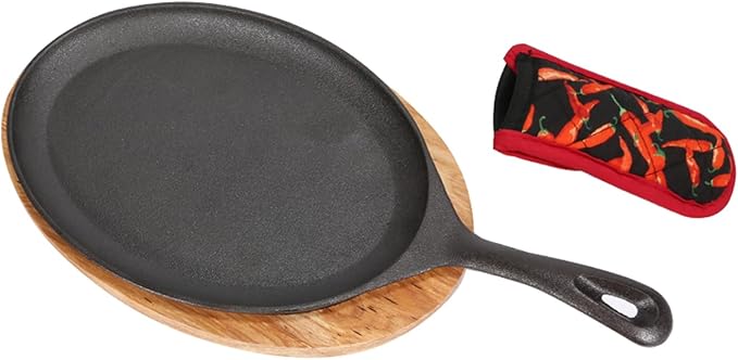 Fajita Skillet,Cast Iron Plates for Home Party Eating，Sizzler Plates With Wooden Base And Handle Cover,Cast Iron Skillet Set，Steak Plates for Home Party Eating