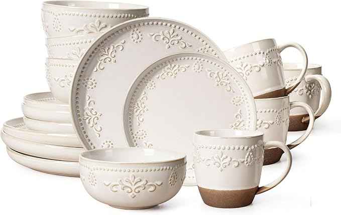 Artena Plates And Bowls Sets, 16 Pieces Dinnerware Sets, Dish Set For 4, Ceramic Kitchen Bowl And Plate Set, Embossed White Dishware Sets, Dishwasher & Microwave Safe (Damask Floral) (With Mugs)
